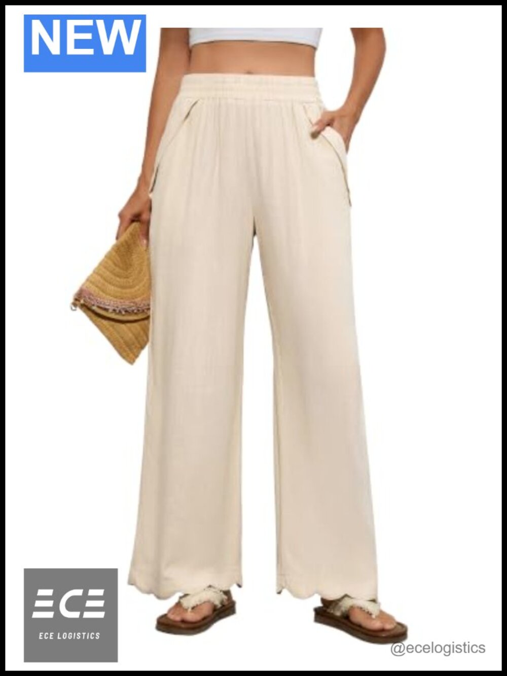 Womens Cotton Linen Palazzo Pants Wide Leg Scalloped Hem Trousers